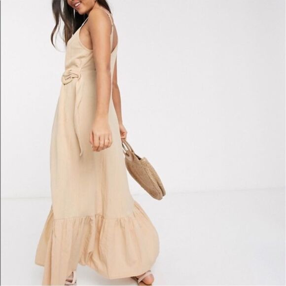 NWT ASOS DESIGN cami wrap maxi dress in linen with wicker belt in stone - Picture 2 of 5